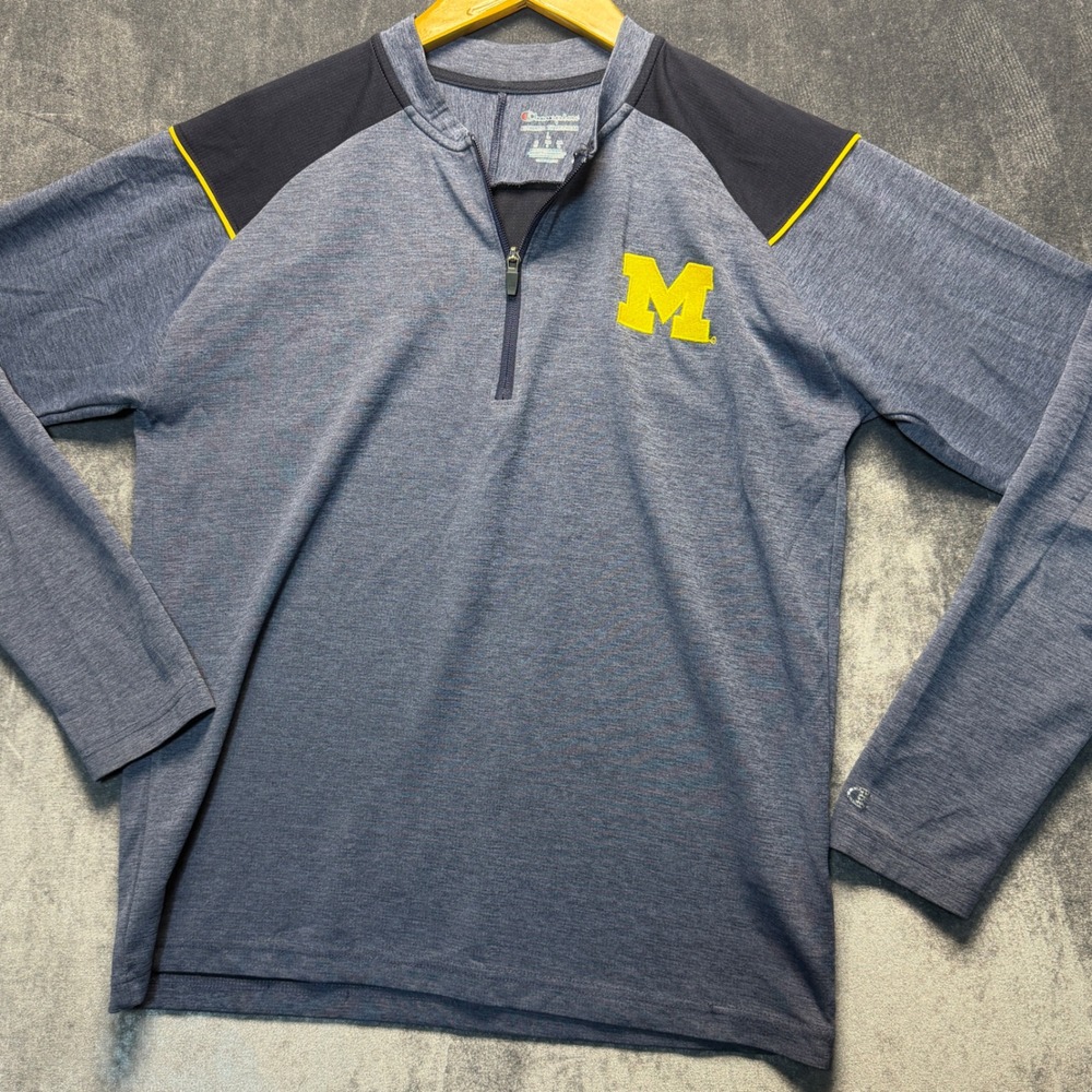 Champion Pullover Mens L Blue Polyester Michigan Wolverines Quarter Zip Active
